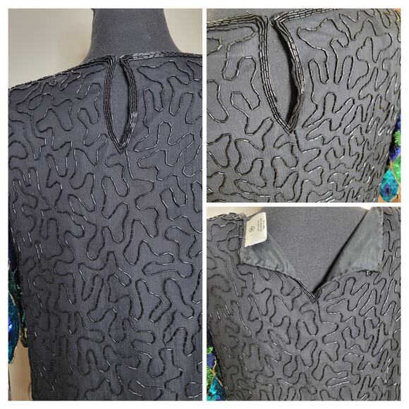 VTG Praise Hymn Fashions Pure Silk Sequin Beaded Green Blue Formal Blouse Top✨️M - Picture 8 of 16